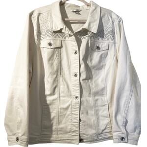 Curvy 3x Christopher & Banks White Denim Jean Jacket Rhinestone Embellishments